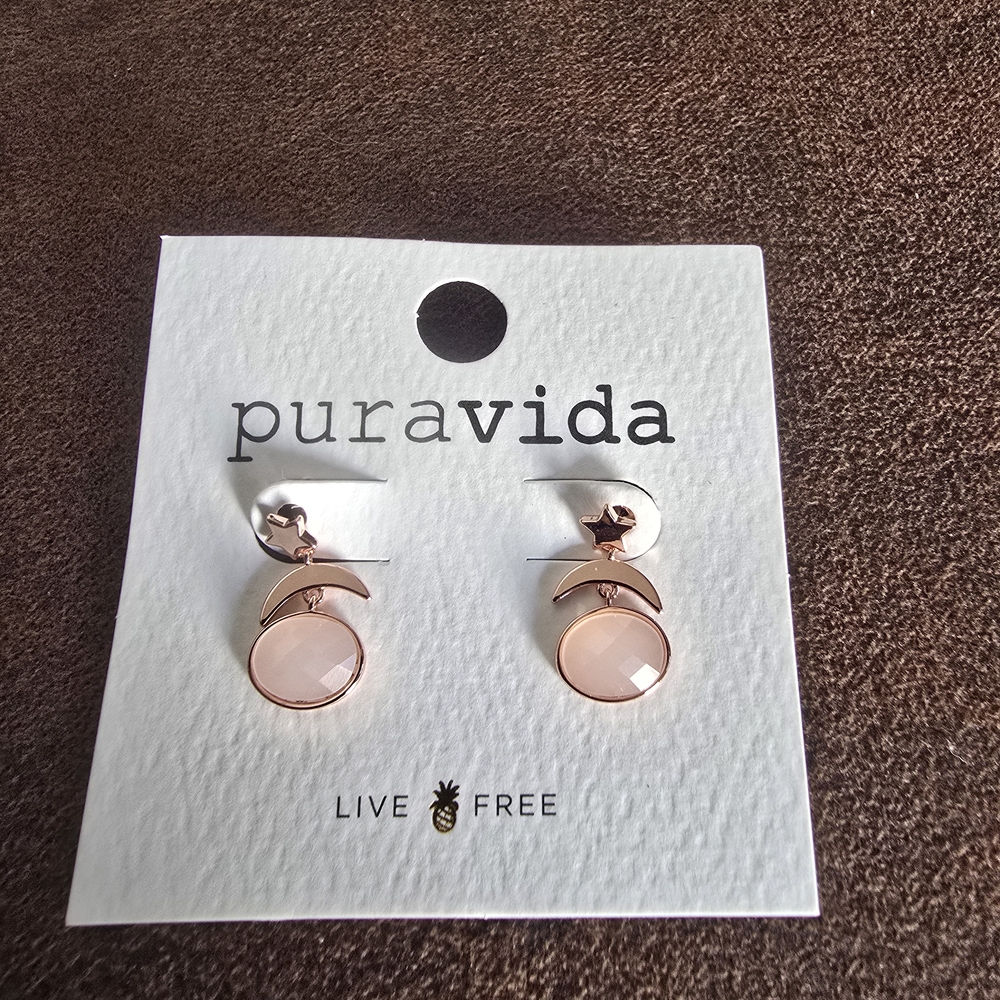 Pura Vida Rose Gold Earrings with Pale Pink Faceted Drops